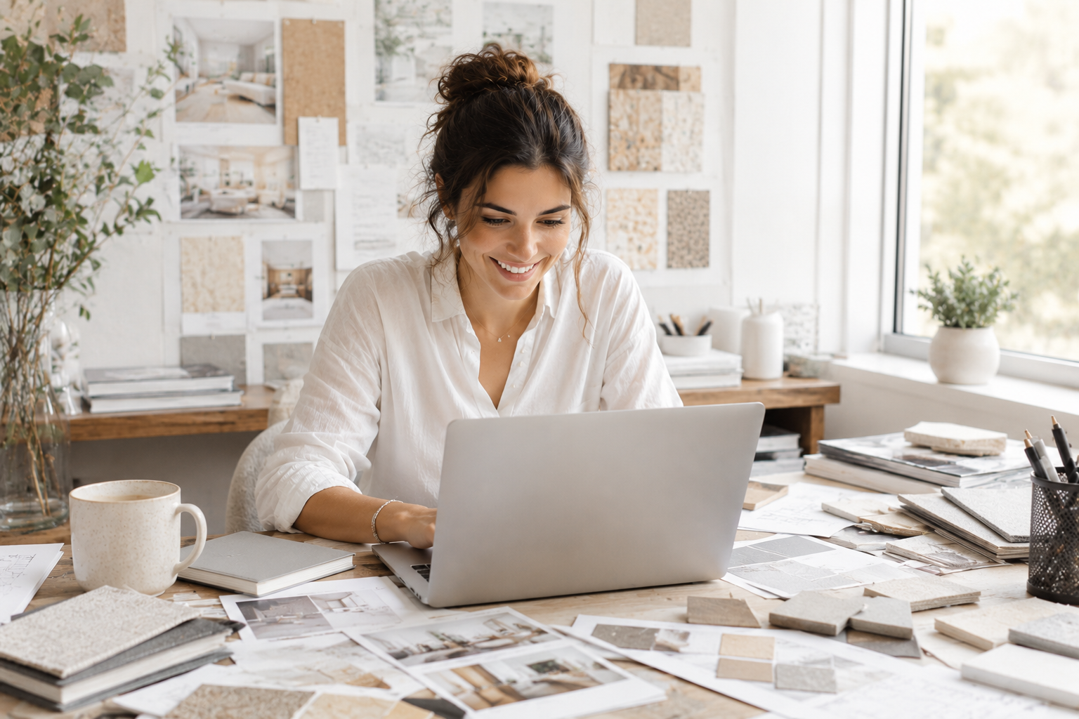 A designer sourcing a full project calmly in one place with Desigfy