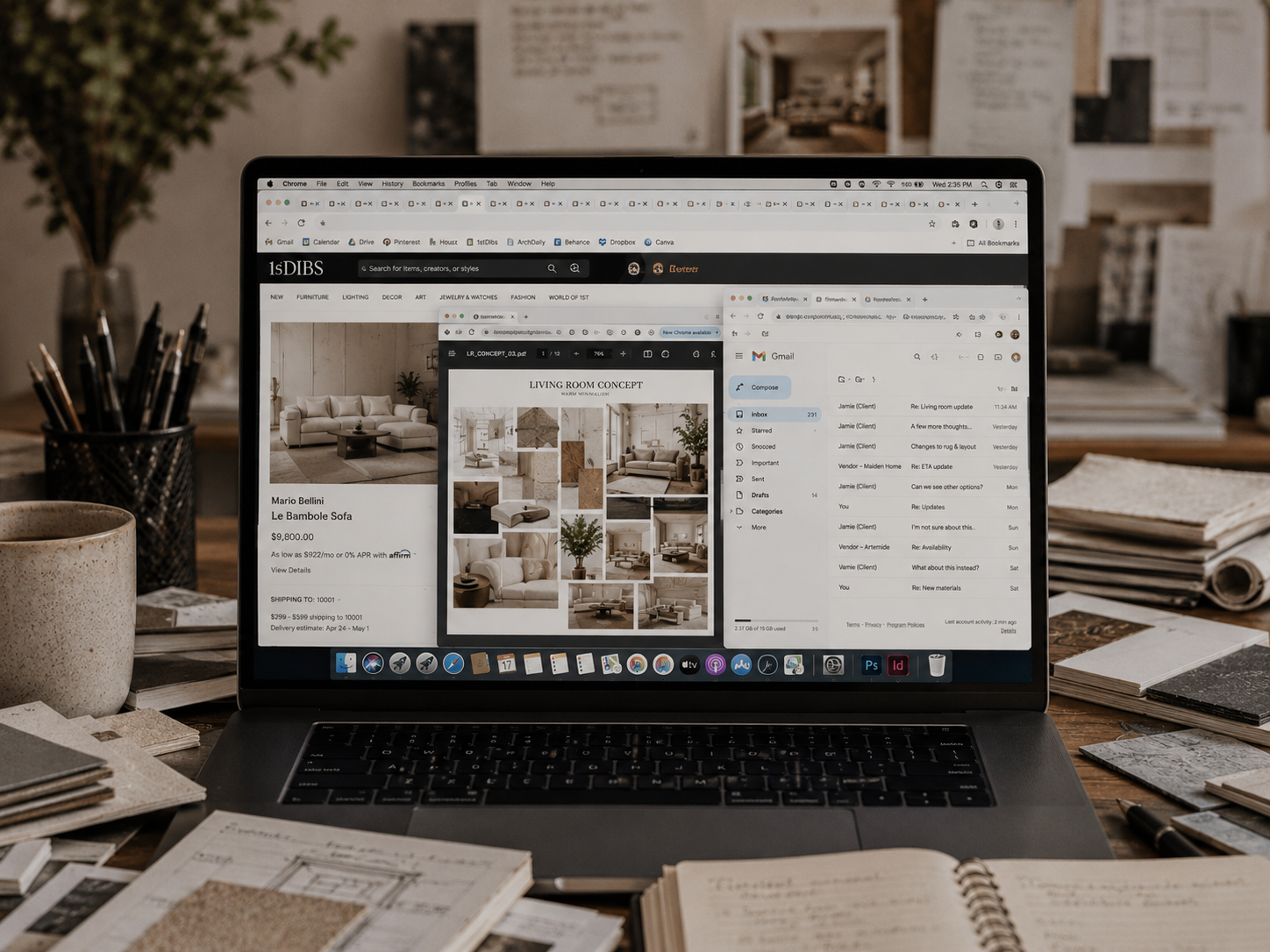 A designer's laptop buried in dozens of open vendor tabs and catalogs